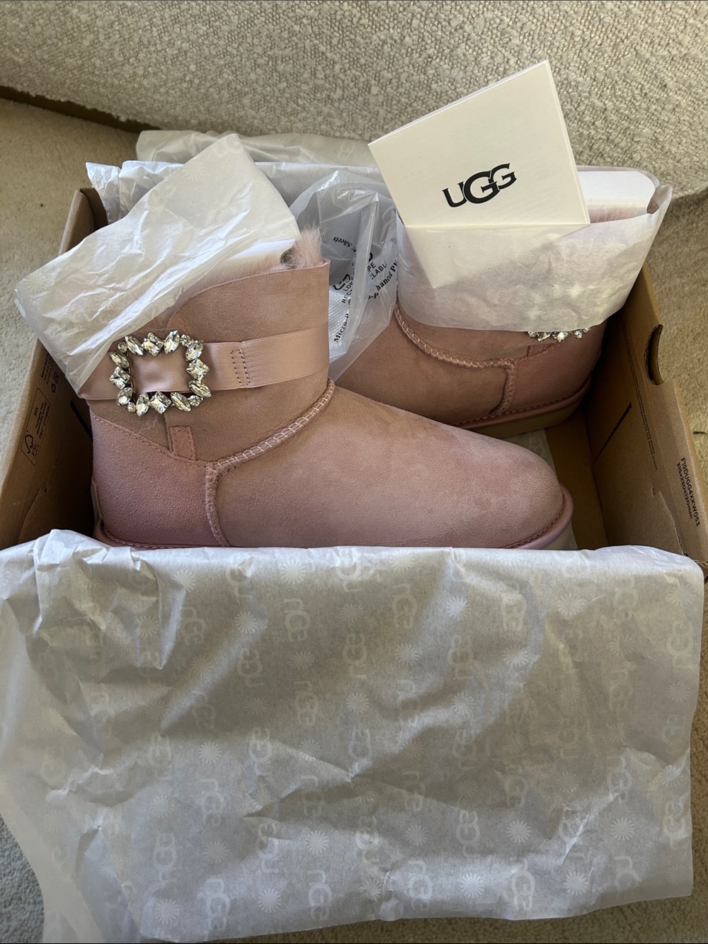 UGG Pink Suede Crystal Buckle Mini Boot